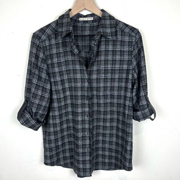 Alice + Olivia Wool Blend Green Flannel Button Up Shirt Women’s‎ L Read - Picture 1 of 9